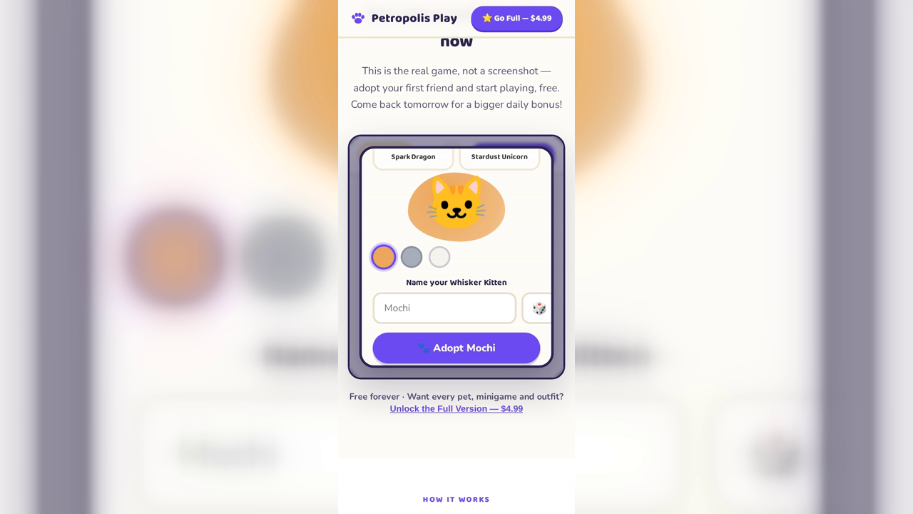 Adopting a pet in Petropolis Play — picking a free starter species from the adoption screen of the Webkinz-style browser game.