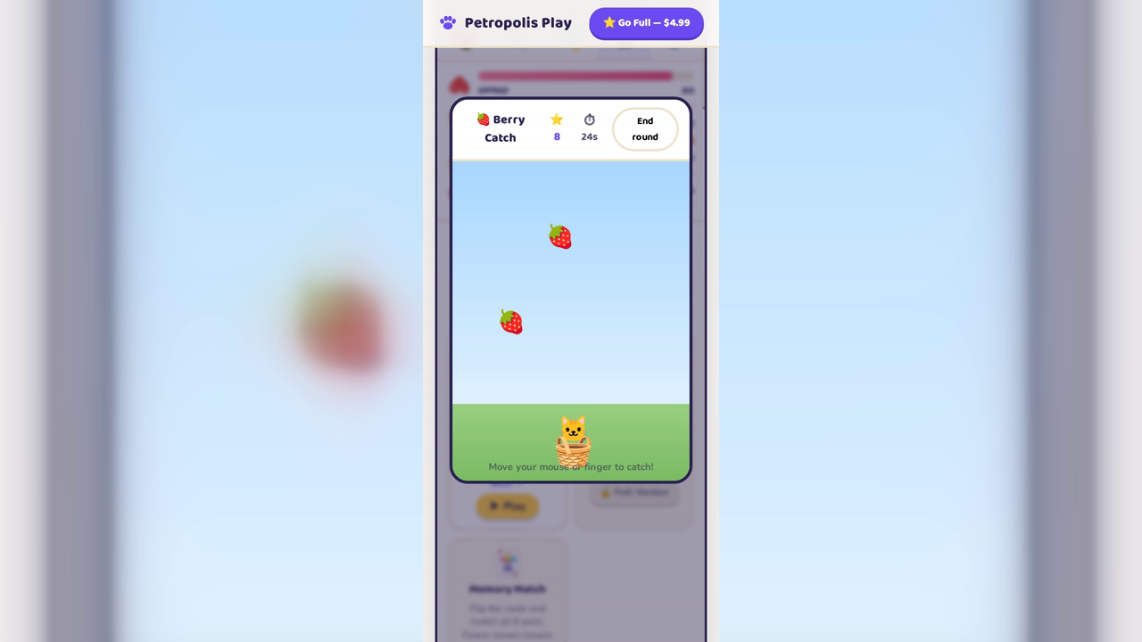 The Berry Catch minigame in Petropolis Play — the free minigame that pays out PawCoins for shop items.