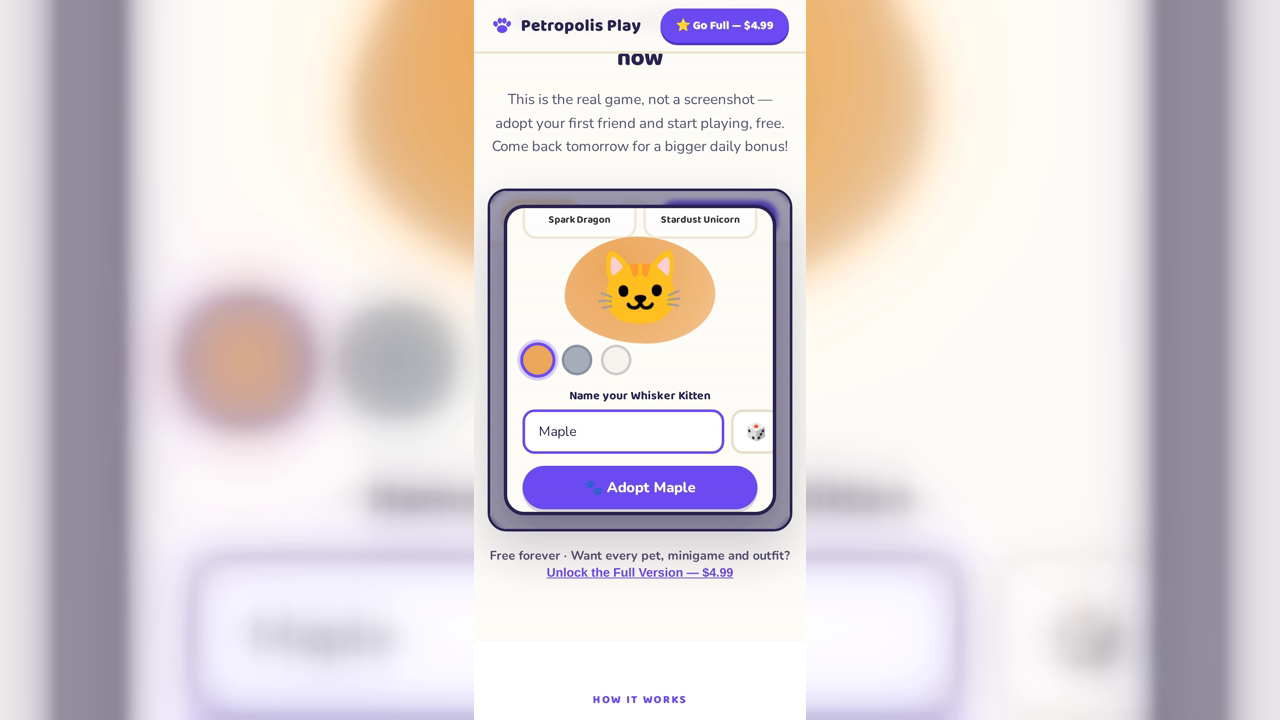 Naming a newly adopted pet in Petropolis Play — the adoption ritual takes under a minute, with no account required.