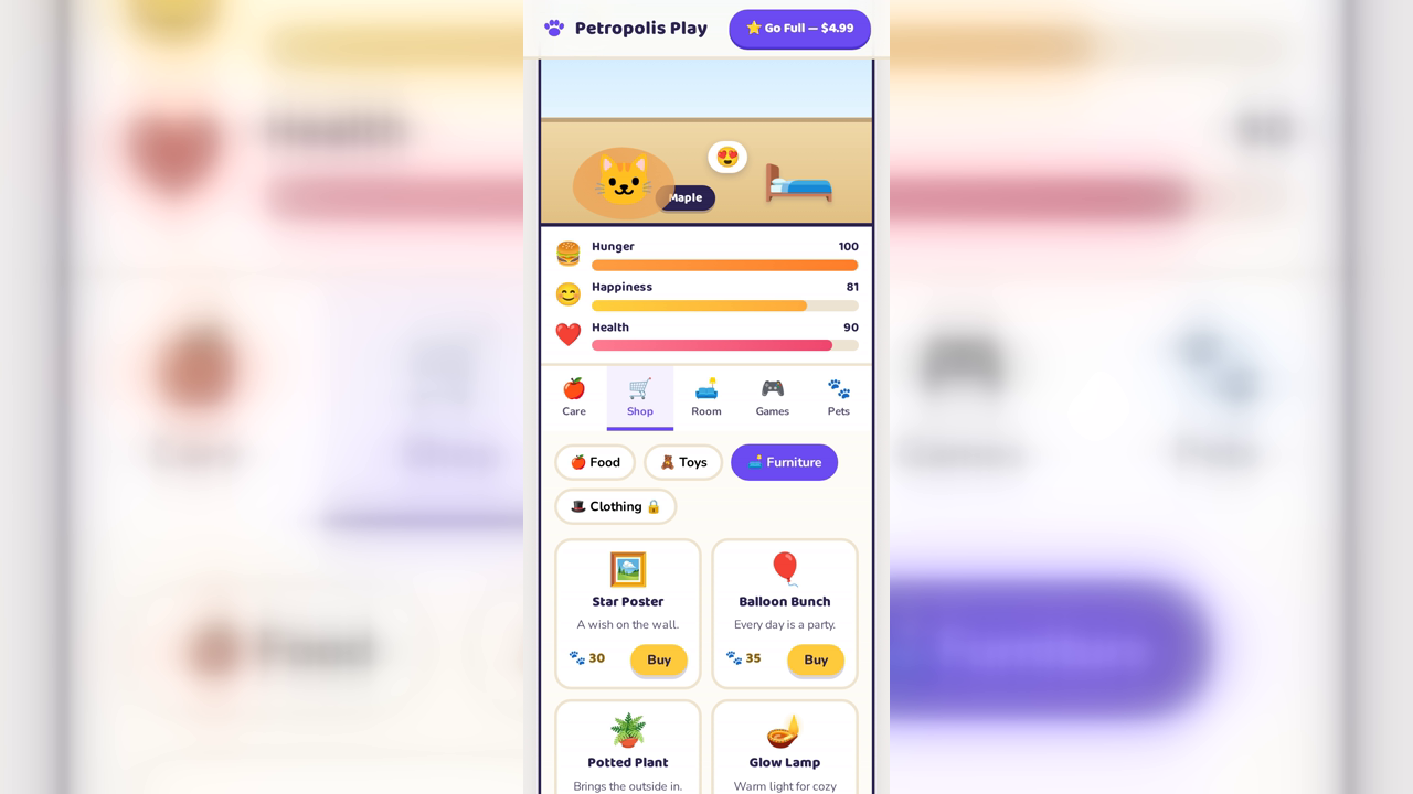 The Petropolis Play shop, where food, toys, furniture and clothing are bought with PawCoins earned by playing minigames.